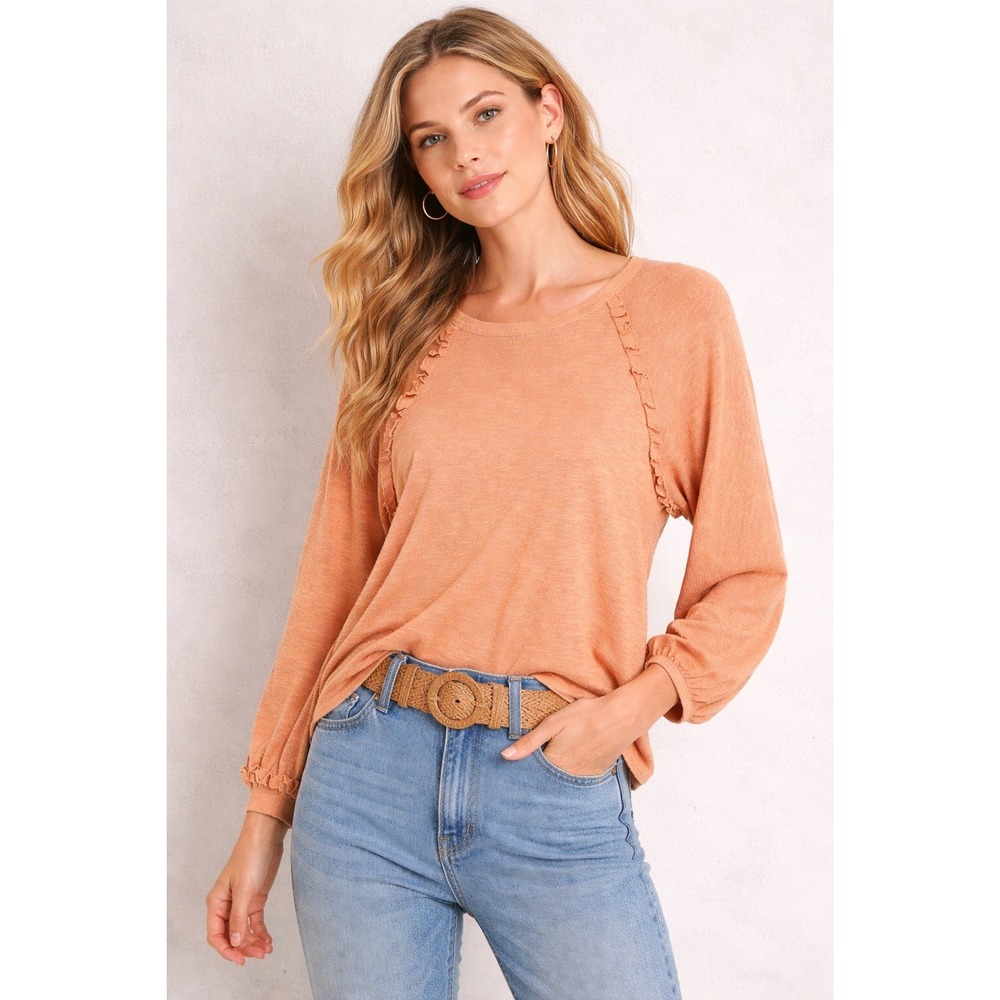 PILCRO Diana Ruffle Knit Top Boho Peasant Long Sleeve Textured Slub Orange Sz M